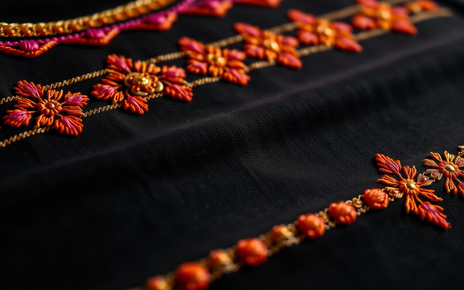 Macro detail of colourful phulkari silk floss embroidery stitched onto heavyweight black cotton t-shirt fabric