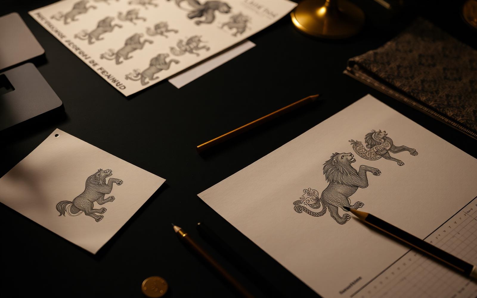 BAAG design studio desk with hand-drawn Sher and Khanda motif sketches, pattern paper and fabric swatches