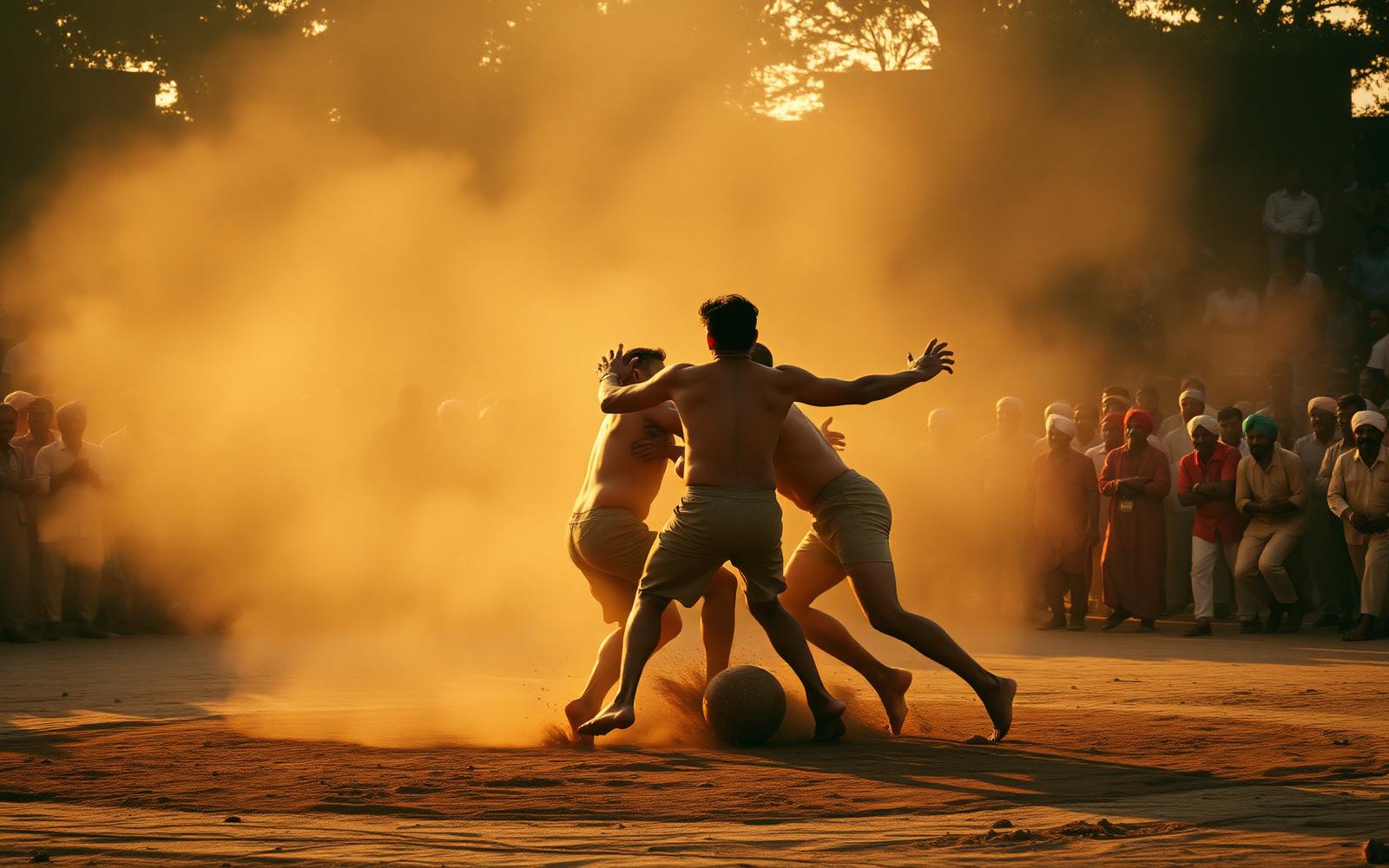 Kabaddi raid in a Punjab village at golden hour with dust rising and villagers watching from the edge of the pitch