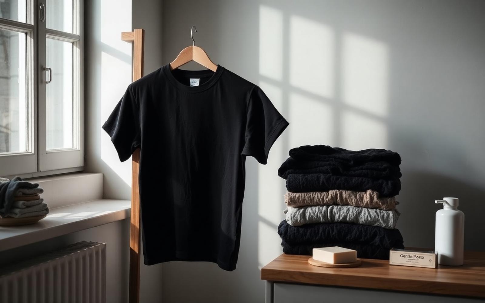 Black heavyweight cotton t-shirt drying flat beside folded garments and gentle detergent in natural light