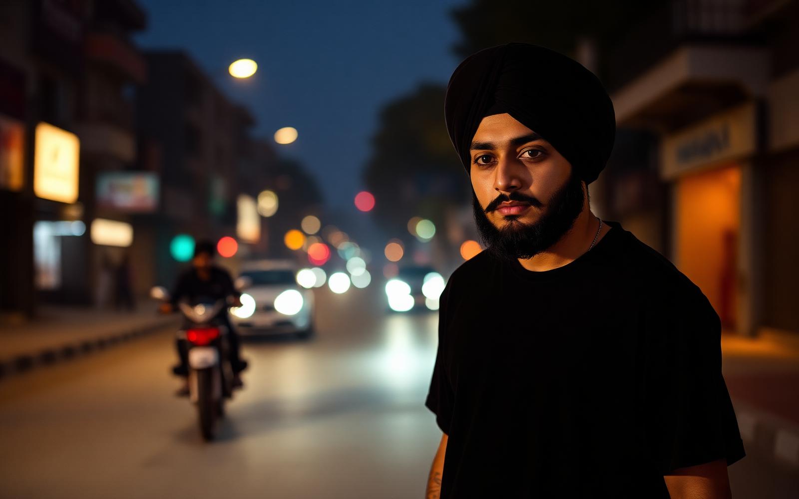 A young Punjabi man in a black oversized heavyweight BAAG tee and turban on a Chandigarh street at dusk