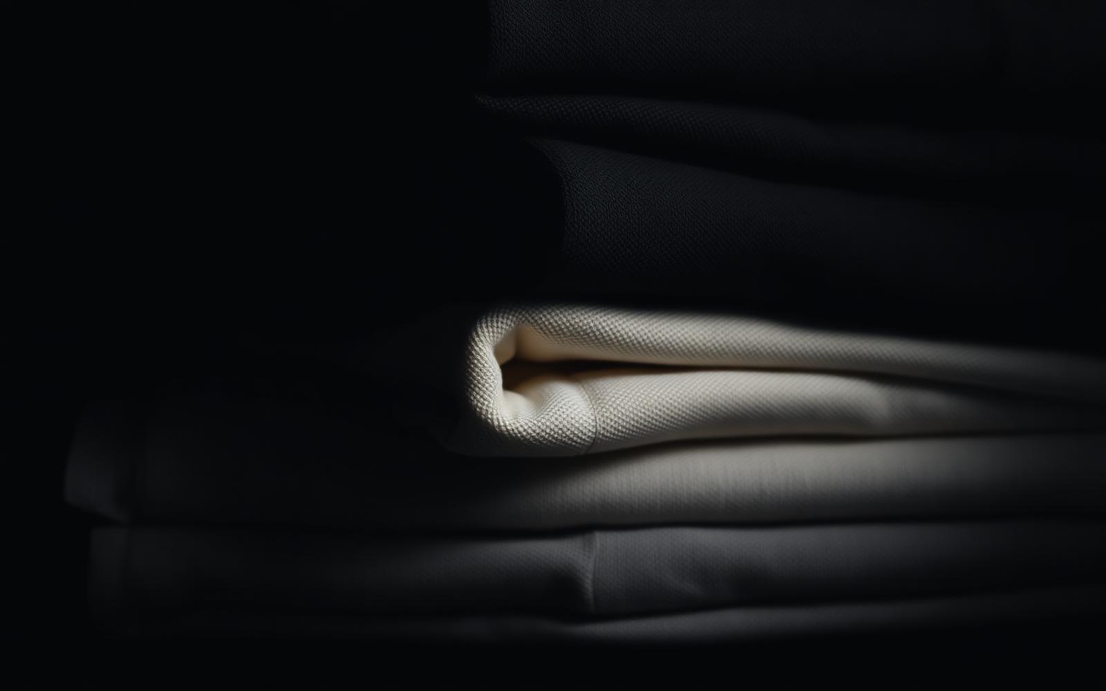 Close-up of folded 280 GSM heavyweight cotton t-shirts in black and cream showing dense fabric weave