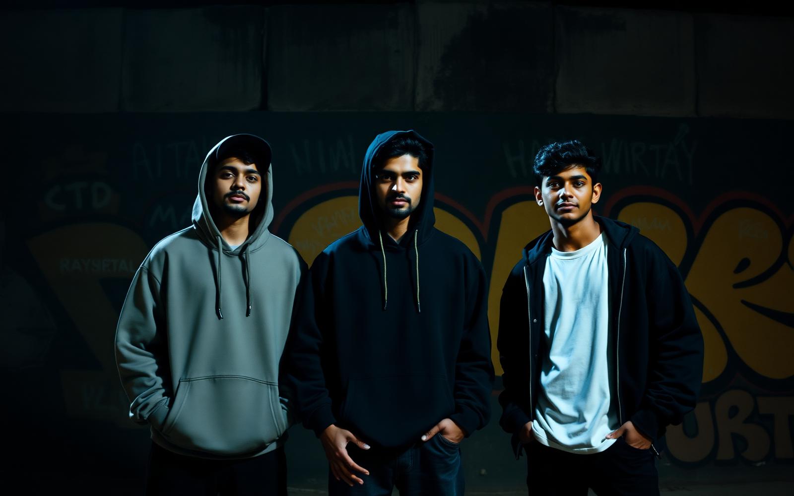 Three young South Asian friends wearing oversized desi streetwear hoodies and tees against a graffiti wall at night