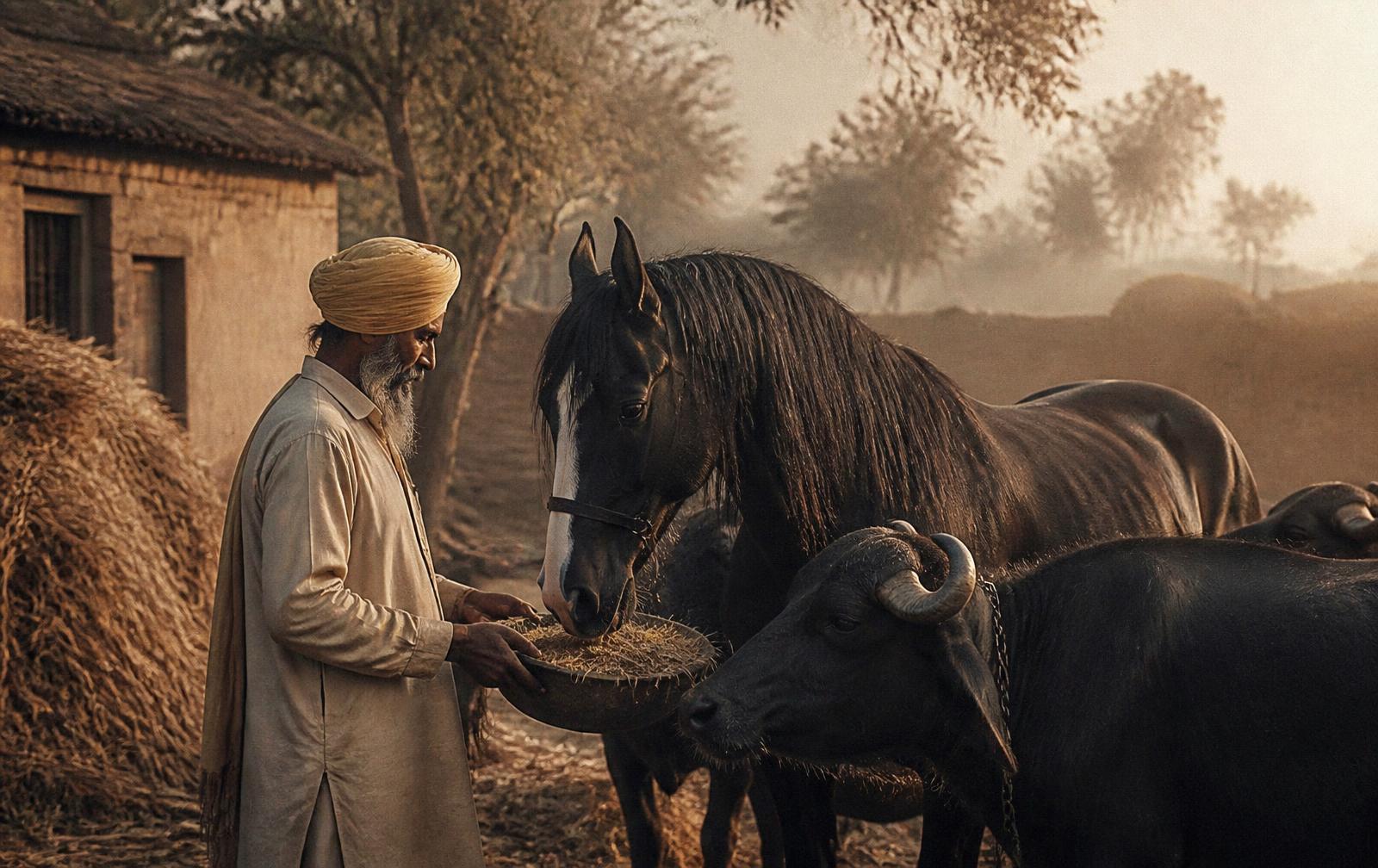 Elder Punjabi sardar farmer in white kurta and turban feeding a black stallion and water buffaloes at dawn in a traditional Punjab village courtyard